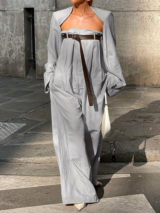 Women's Strapless Jumpsuit Outfit Set - Collarless Jacket and Wide Leg Jumpsuit – Khaki option – main product image