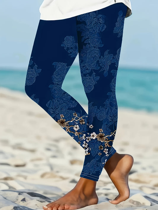 Women's Stretch Leggings - Floral Print – Navy option – main product image