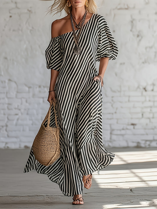 Women's Striped One Shoulder Maxi Vacation Dress - Pocket – Black option – main product image