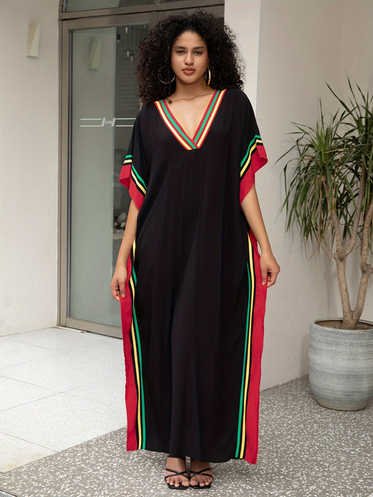 Women's Striped V-Neck Maxi Kaftan Dress - Short Sleeve – Black option – main product image