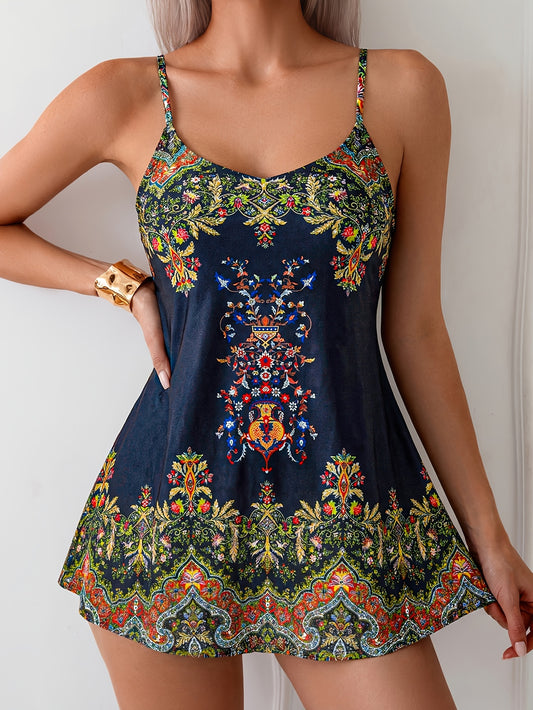 Women's Swim Dress - Tropical Print V-Neck Tummy Control – main product image