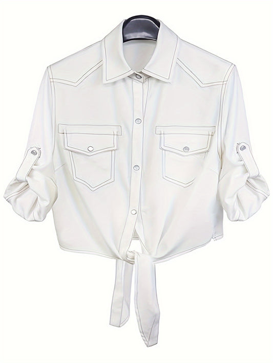 Women's Textured Blouse - Classic Neck Three-Quarter Sleeve – White option – main product image