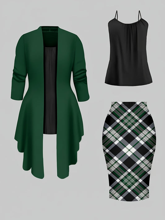 Women's Three-Piece Outfit Set - Plaid Workwear Matching Outfit – Green option – main product image