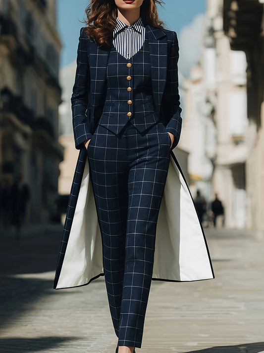 Women's Three-Piece Outfit Set - Printed Business Matching Look – Navy option – main product image