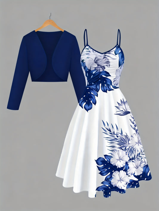 Women's Two-Piece Dress Set - Printed Vacation Matching Look – Blue option – main product image