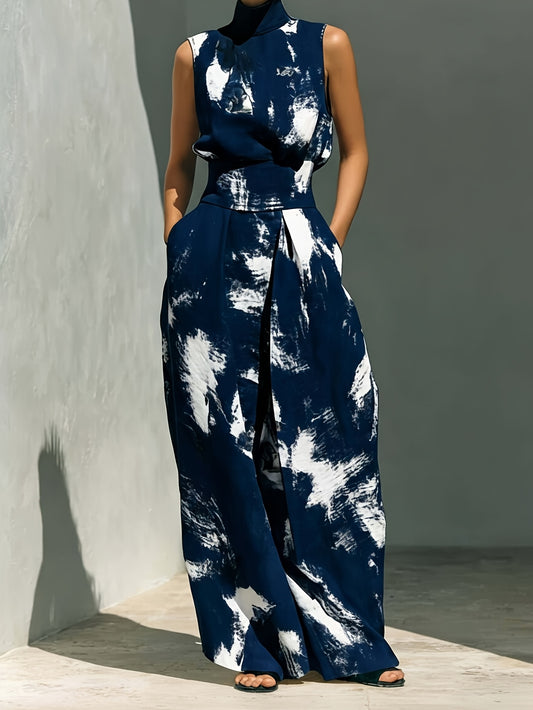 Women's Two-Piece Outfit Set - Graphic Print – Blue Brown – main product image