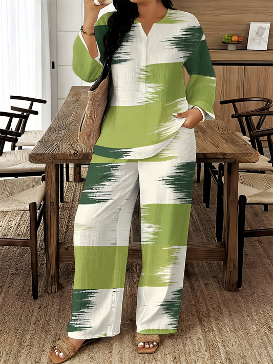 Women's Two-Piece Outfit Set - Graphic V-Neck – 14-Color Selection – main product image
