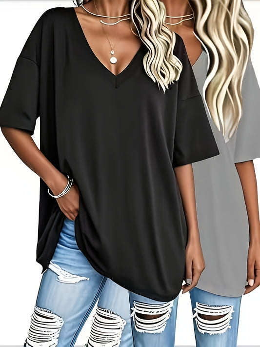 Women's Two-Piece Outfit Set - Short Sleeve – Black+White Polyester V-Neck – main product image