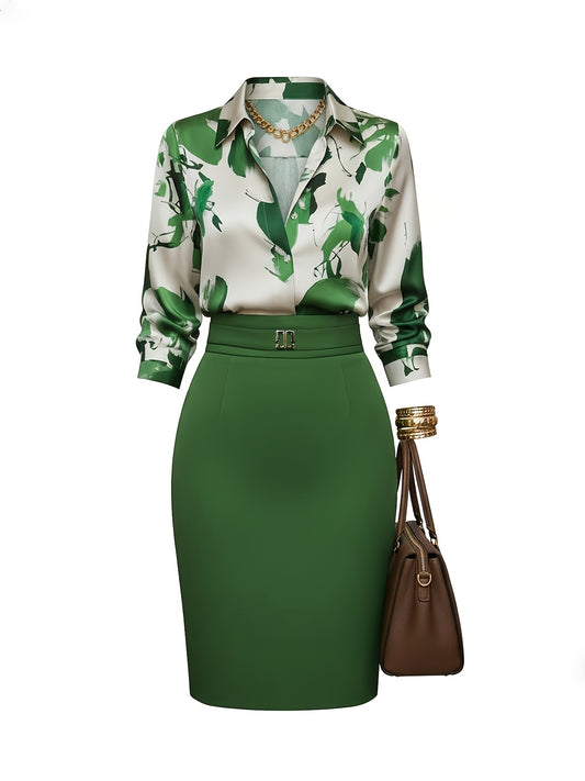 Women's Two-Piece Outfit Set - Short Sleeve – Dark Green – Green option – main product image