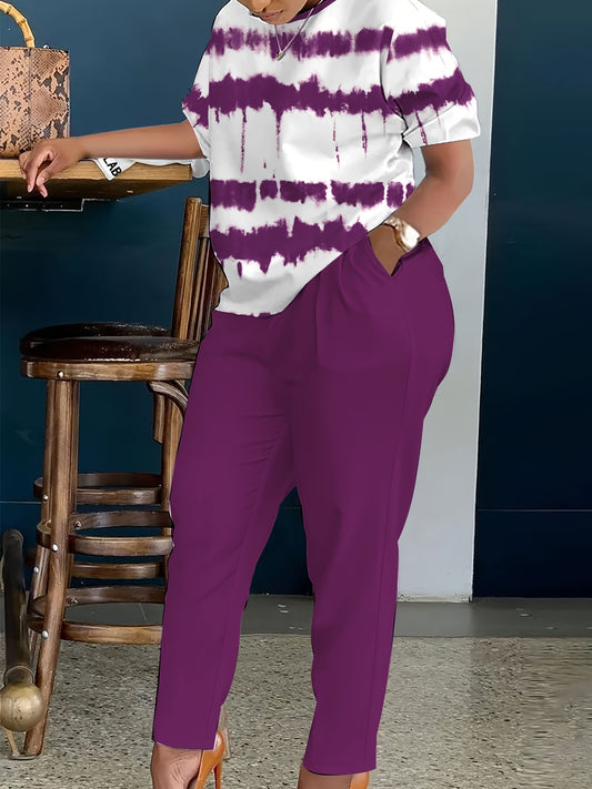 Women's Two-Piece Outfit Set - Short Sleeve – Peach / Black – main product image