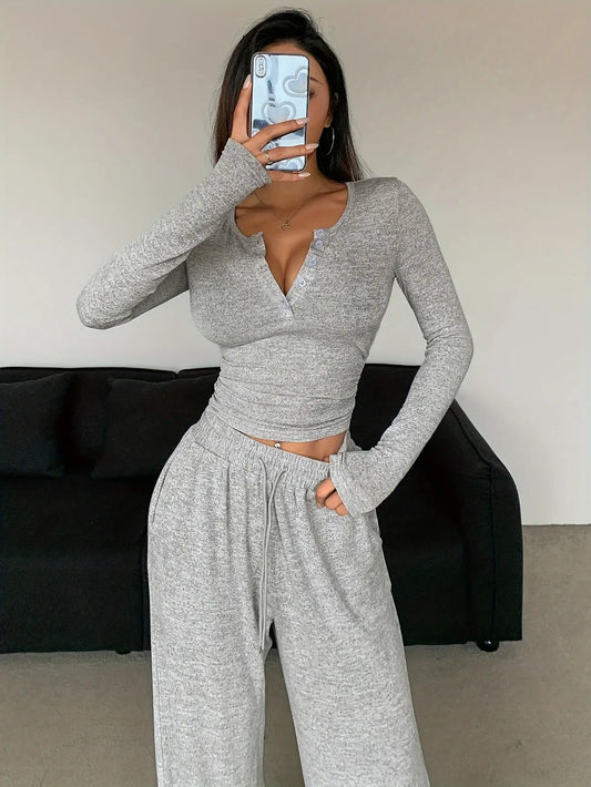 Women's Two-Piece Outfit Set - Wide-Leg – Light Grey – main product image
