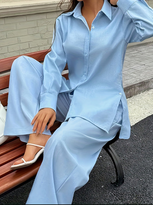 Women's Two-Piece Pants Set - Button Detail Casual Matching Look detail view