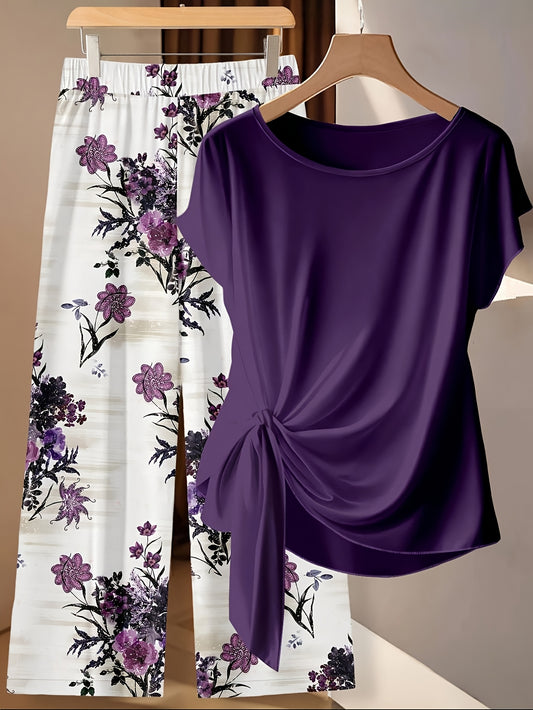 Women's Two-Piece Pants Set - Floral Print – Purple Graphic Design 53093 – main product image