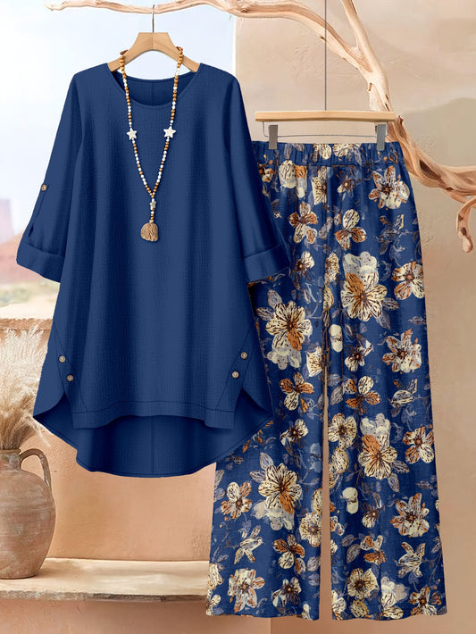Women's Two-Piece Pants Set - Floral Print – Sizes 0XL–5XL – Khaki option – main product image