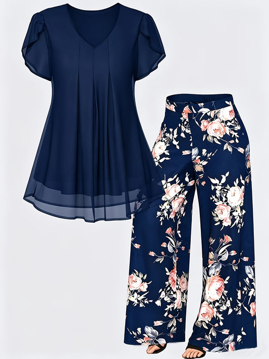 Women's Two-Piece Pants Set - Floral Print – Sizes 1XL–5XL – Black option – main product image