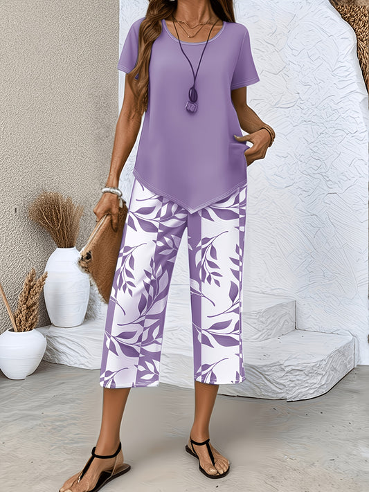 Women's Two-Piece Pants Set - Graphic Print Workwear Matching Outfit – Purple option – main product image
