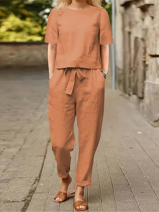 Women's Two-Piece Pants Set - Lace Detail Casual Matching Outfit – Khaki option – main product image
