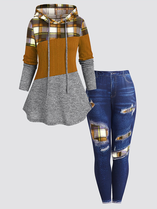 Women's Two-Piece Pants Set - Plaid Casual Matching Outfit – Sizes 0XL–5XL – Yellow option – main product image