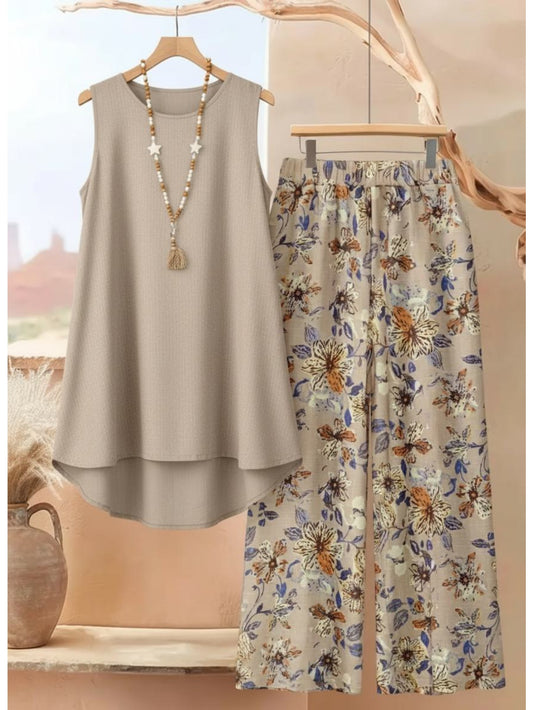 Women's Two-Piece Pants Set - Printed Vacation Matching Look – Khaki option – main product image
