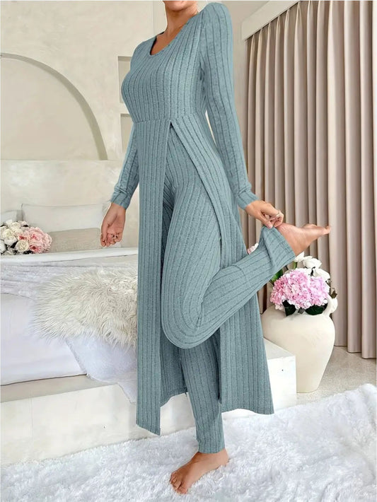 Women's Two-Piece Pants Set - Ribbed Workwear Matching Outfit – Grey option – main product image