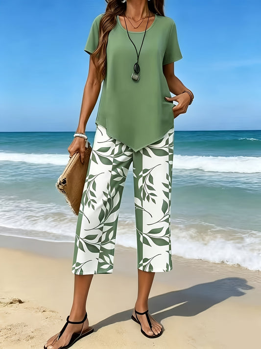Women's Two-Piece Pants Set - Solid Color – Green / Pink – Green option – main product image