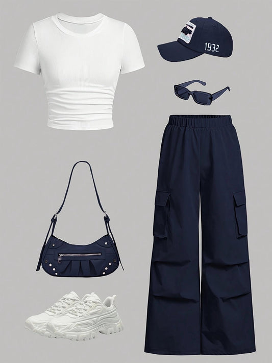 Women's Two-Piece Pants Set - Solid Color – Olive / Navy Color – main product image
