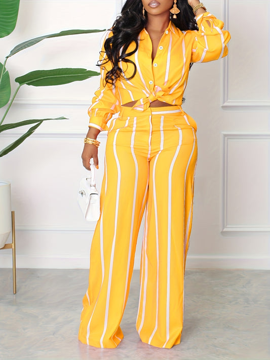 Women's Two-Piece Pants Set - Striped Casual Matching Outfit – Sizes 0XL–3XL – Yellow option – main product image