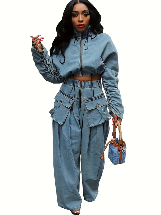 Women's Two-Piece Pants Set - Zip Detail Workwear Matching Outfit – Black option – main product image