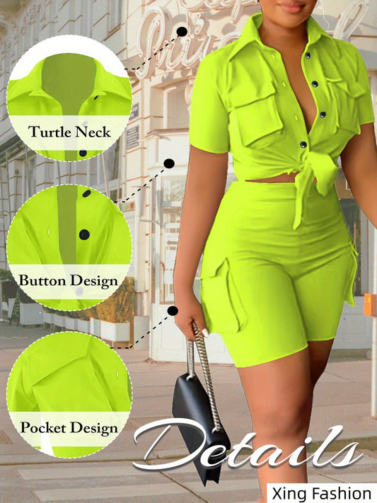 Women's Two-Piece Shorts Set - Button Detail Casual Matching Outfit – Sizes S–XXL – Khaki option – main product image