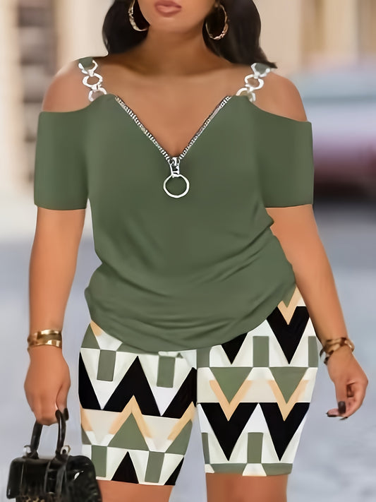Women's Two-Piece Shorts Set - Zip Detail Casual Matching Outfit – Orange option – main product image