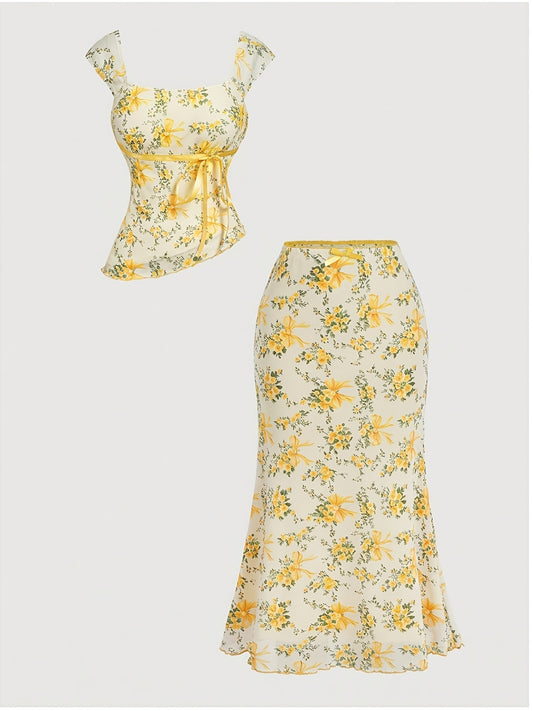 Women's Two-Piece Skirt Set - Floral Print Workwear Look 1141 – main product image