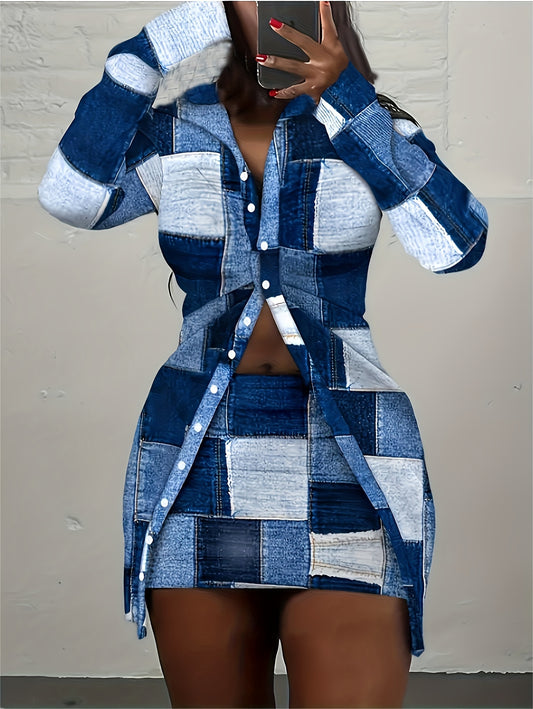 Women's Two-Piece Skirt Set - Plaid Casual Matching Outfit – Blue option – main product image