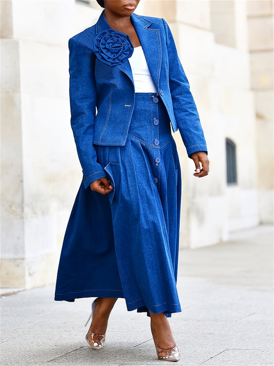 Women's Two-Piece Skirt Set - Solid Color Workwear Matching Outfit – Blue option – main product image