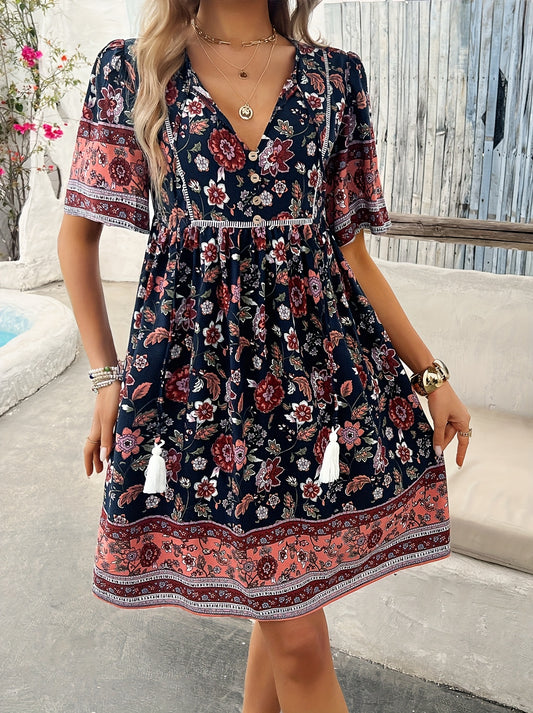 Women's V-Neck Maxi Casual Dress - Puff Sleeve – main product image