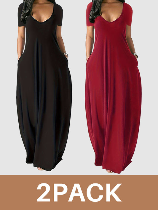 Women's V-Neck Maxi Dress 2-Pack - Wine Red and Black – Red option – main product image
