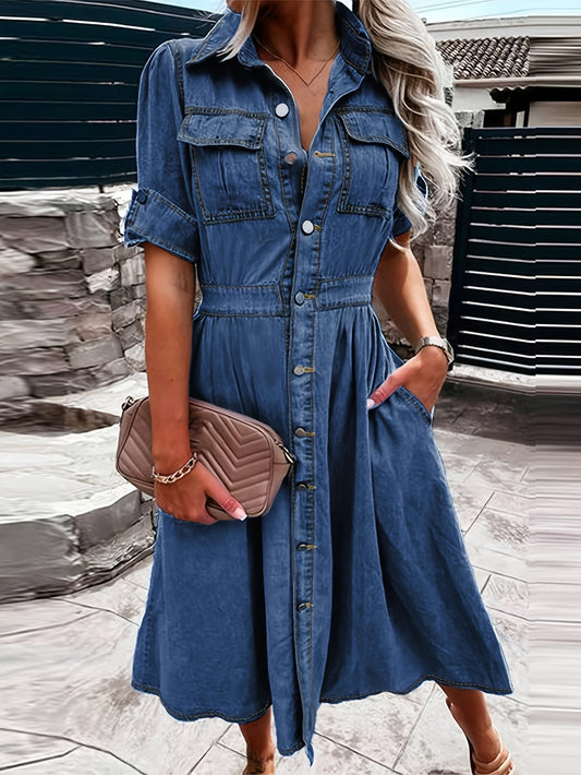 Women's V-Neck Mini A-Line Dress - Button Front – Blue option – main product image