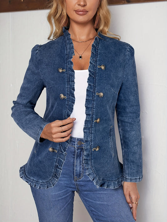Women's Versatile Denim Double-Breasted Blazer – Blue – Blue option – main product image