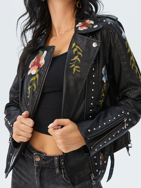 Women's Versatile Denim Floral Jacket – Black – Black option – main product image