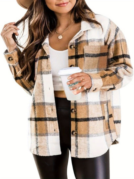 Women's Versatile Denim Plaid Jacket – Khaki / Purple – Khaki option – main product image