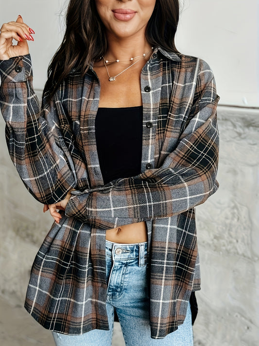 Women's Versatile Denim Plaid Shacket – Dark Gray – Gray option – main product image