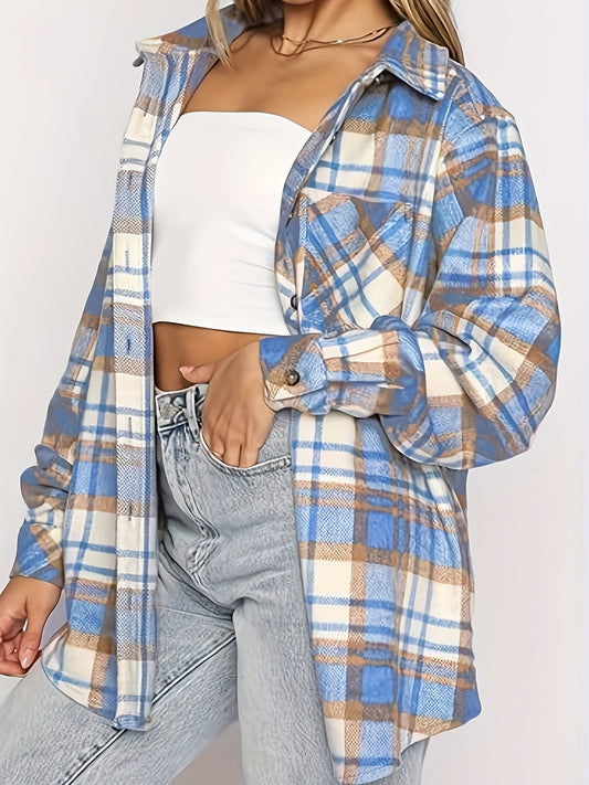 Women's Versatile Denim Plaid Shacket – Denim Wash 41381 – main product image