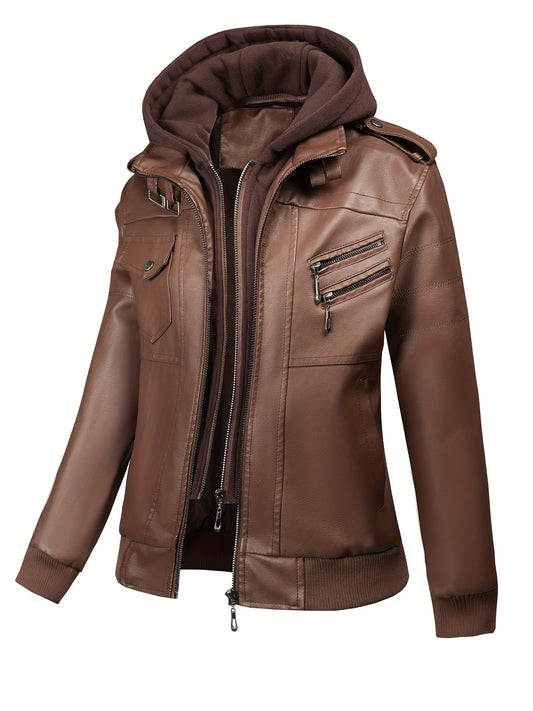 Women's Versatile Faux Leather Pullover Jacket – Black / Coffee Brown – Black option – main product image