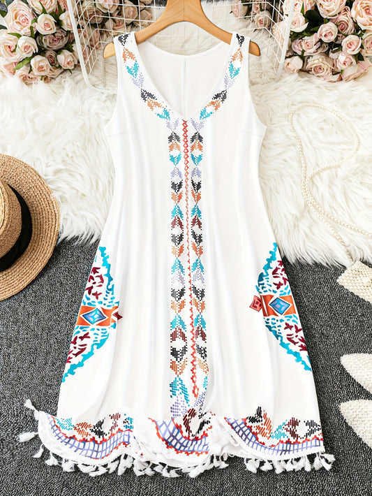 Women's White Printed Casual Dress 2 - Sleeveless – White option – main product image