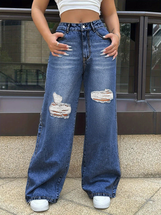 Women's Wide Leg Jeans - Blue Distressed – Blue option – main product image