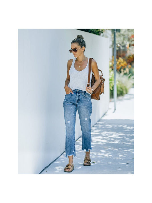 Women's Wide Leg Jeans - Bright Steel Blue Distressed – Blue option – main product image