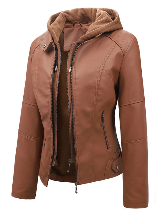 Women's Windproof Faux Leather Pullover Coat – Black option – main product image