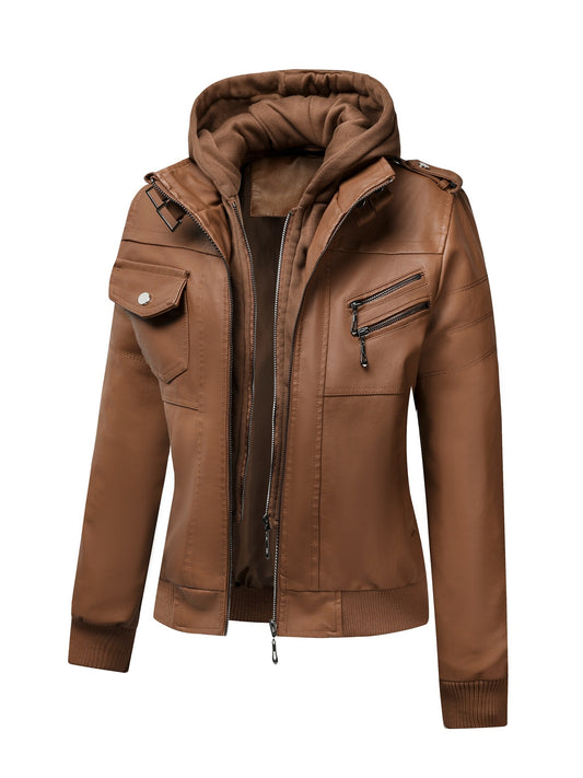 Women's Windproof Faux Leather Pullover Jacket – Black option – main product image