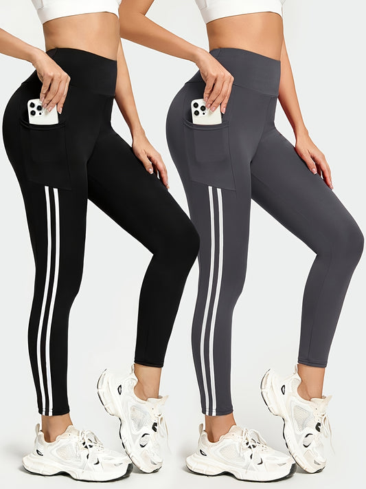 Women's Yoga Leggings 2-Pack - High Waist Double Stripe Pockets – Black option – main product image