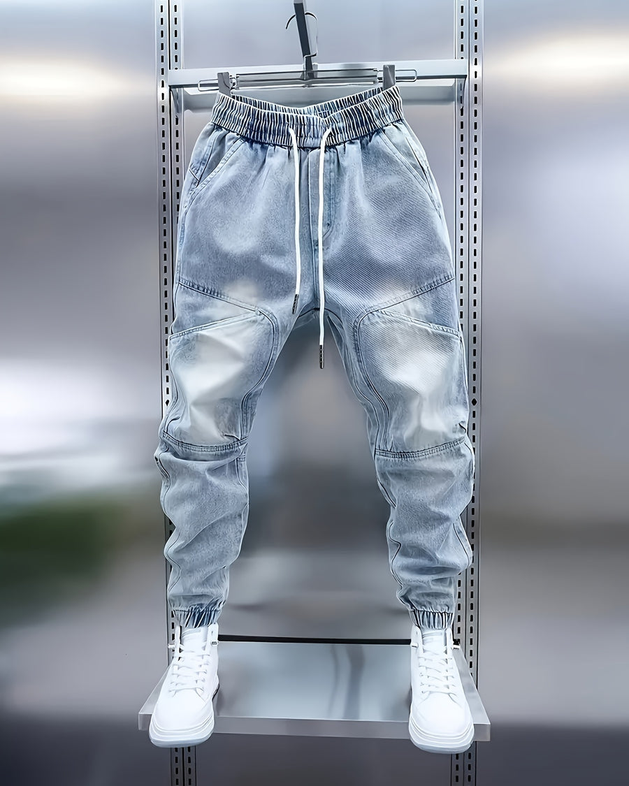 Women's light-wash denim cargo joggers with drawstring waist – main product image