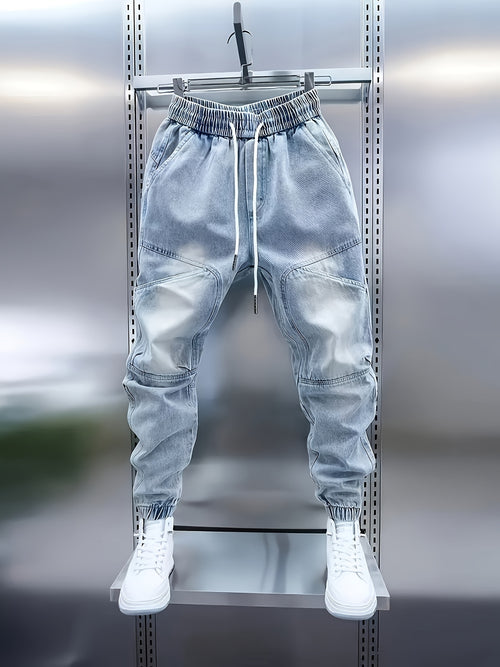 Women's light-wash denim cargo joggers with drawstring waist – main product image